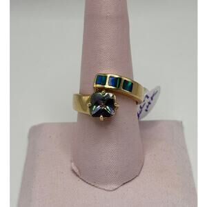 14K Yellow Gold Mystic Topaz Blue Created Opal Statement Ring Size 8 #79805
